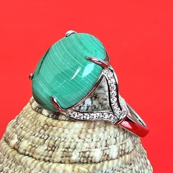 925 Sterling Silver Ring Sz 8.5 with Natural Malachite & CZ - Picture 6 of 15